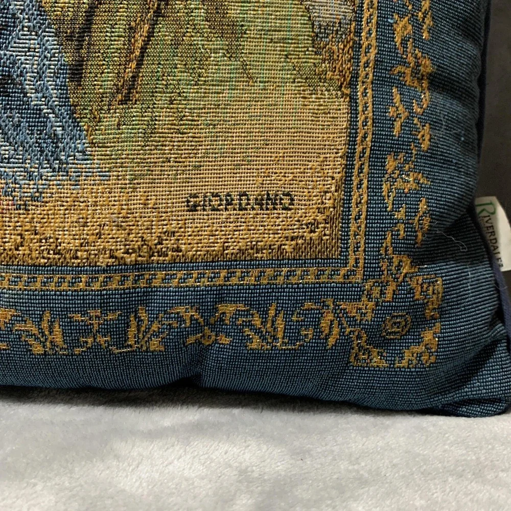 Riverdale Nativity Tapestry Throw Pillow Giordano Made in USA Blue Christian Vtg